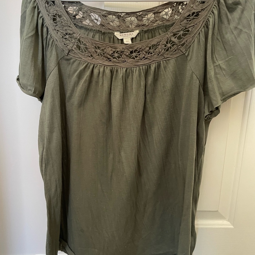 Sonoma Olive Green Blouse with Lace Yoke XL